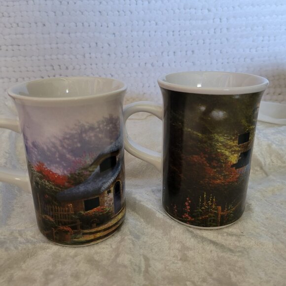 Thomas Kinkade Illuminating Mugs LOT of 2 Lilac Cottage Hollyhock House 6 oz set - Picture 2 of 5